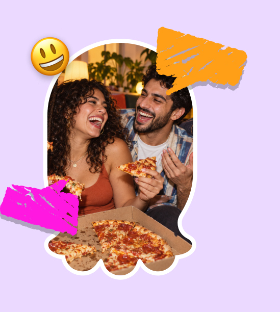 Friends sharing pizza during a 1v1 video chat